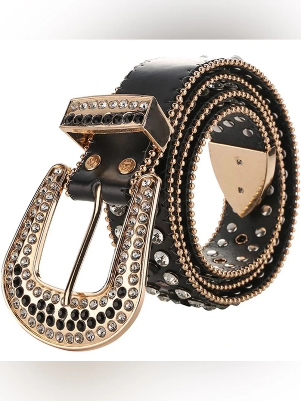 Women's Black Crystal-gold hardware Embellished western Chain-Trim Belt